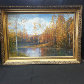 Картина маслом на ДВП "Осенний пейзаж", художник Е. Ахламёнок, 1992г, размер 70х50 см